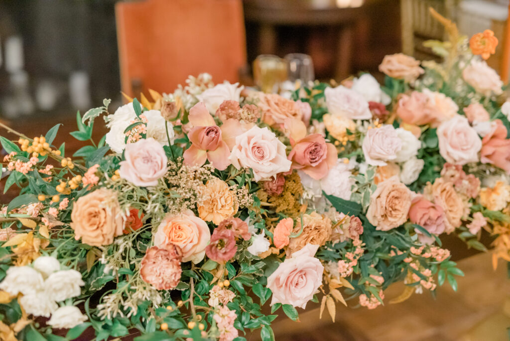 French Chateau inspired wedding reception with lavish florals by Twisted Willow Flowers